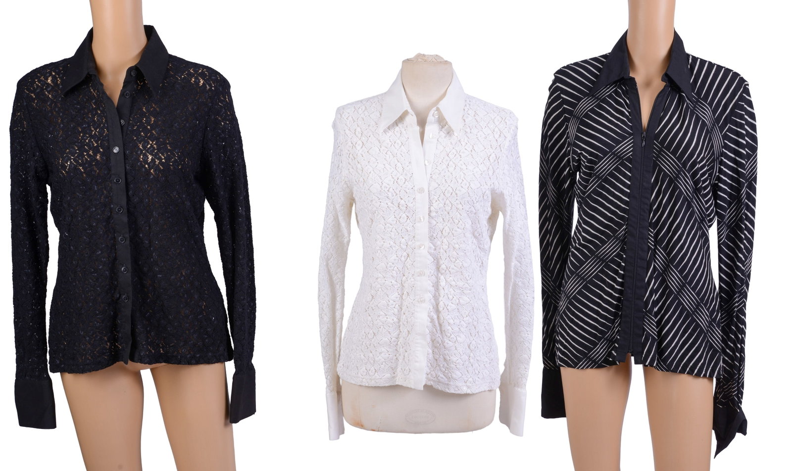 Three Anne Fontaine Blouses.: Size 44. Small hole to black striped shirt. From the collection of Jane Morgan.