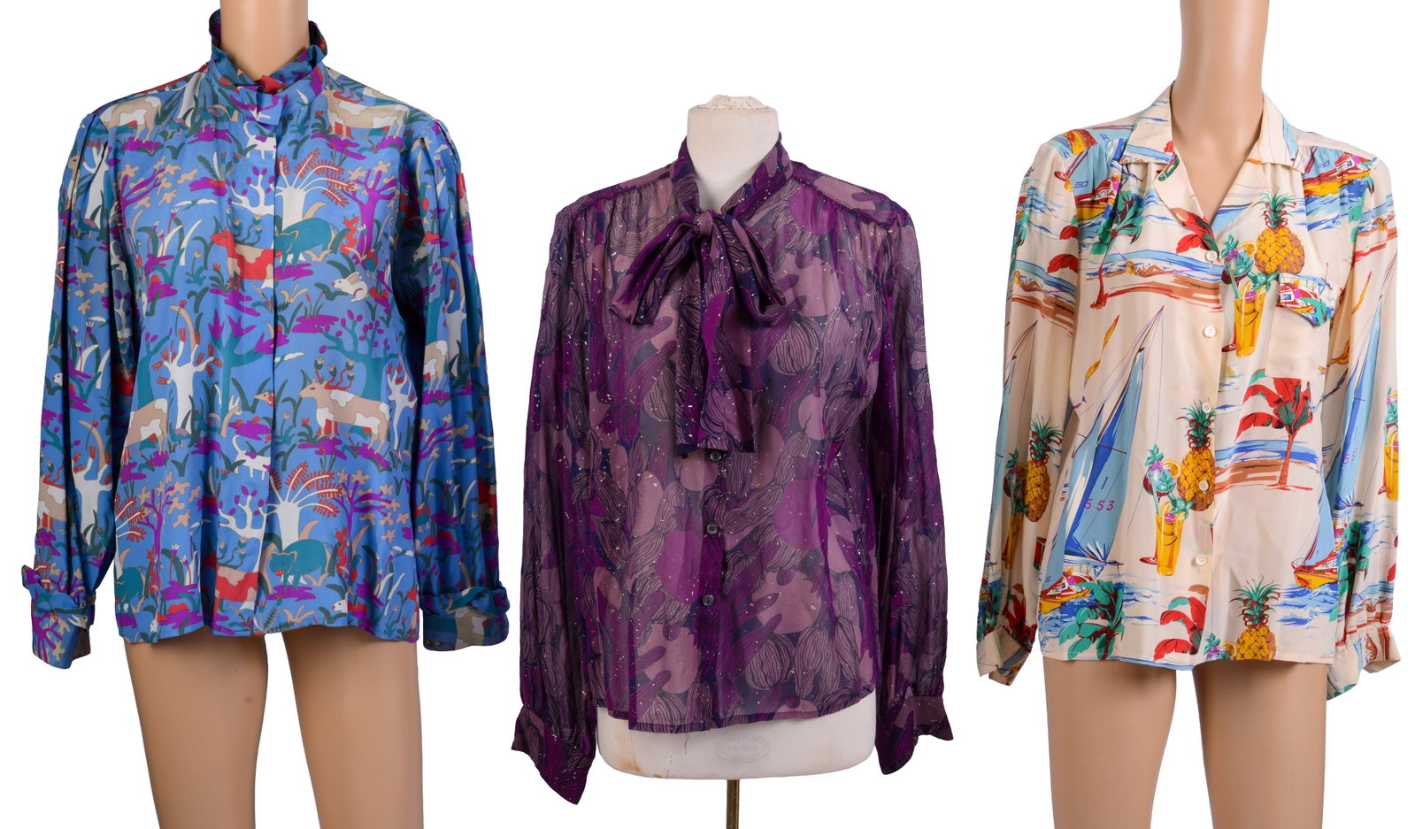 Three Vintage Alan Austin Blouses.: Size 44. Some stains. From the collection of Jane Morgan.