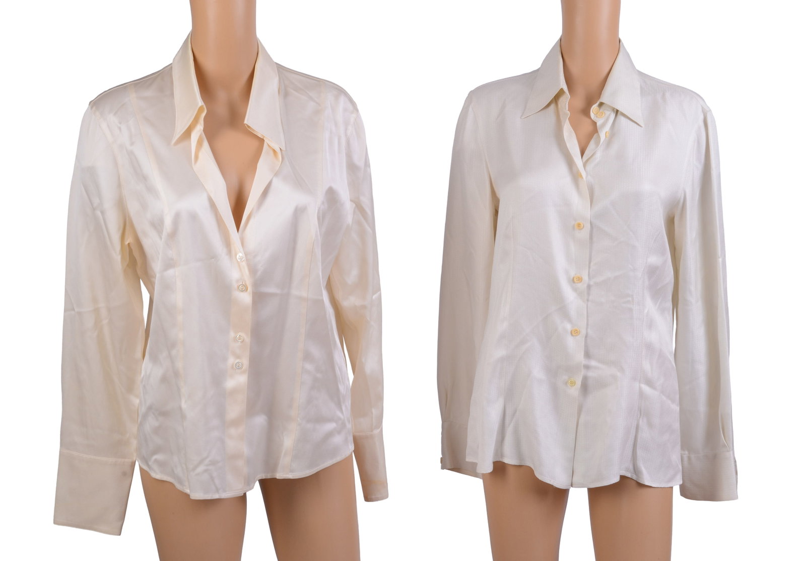 Four Designer Blouses.: Patricia Morange, Anne Fontaine, Escada, and Giorgio Armani. Sizes 42, 46, 48. Some stains. From the collection of Jane Morgan.