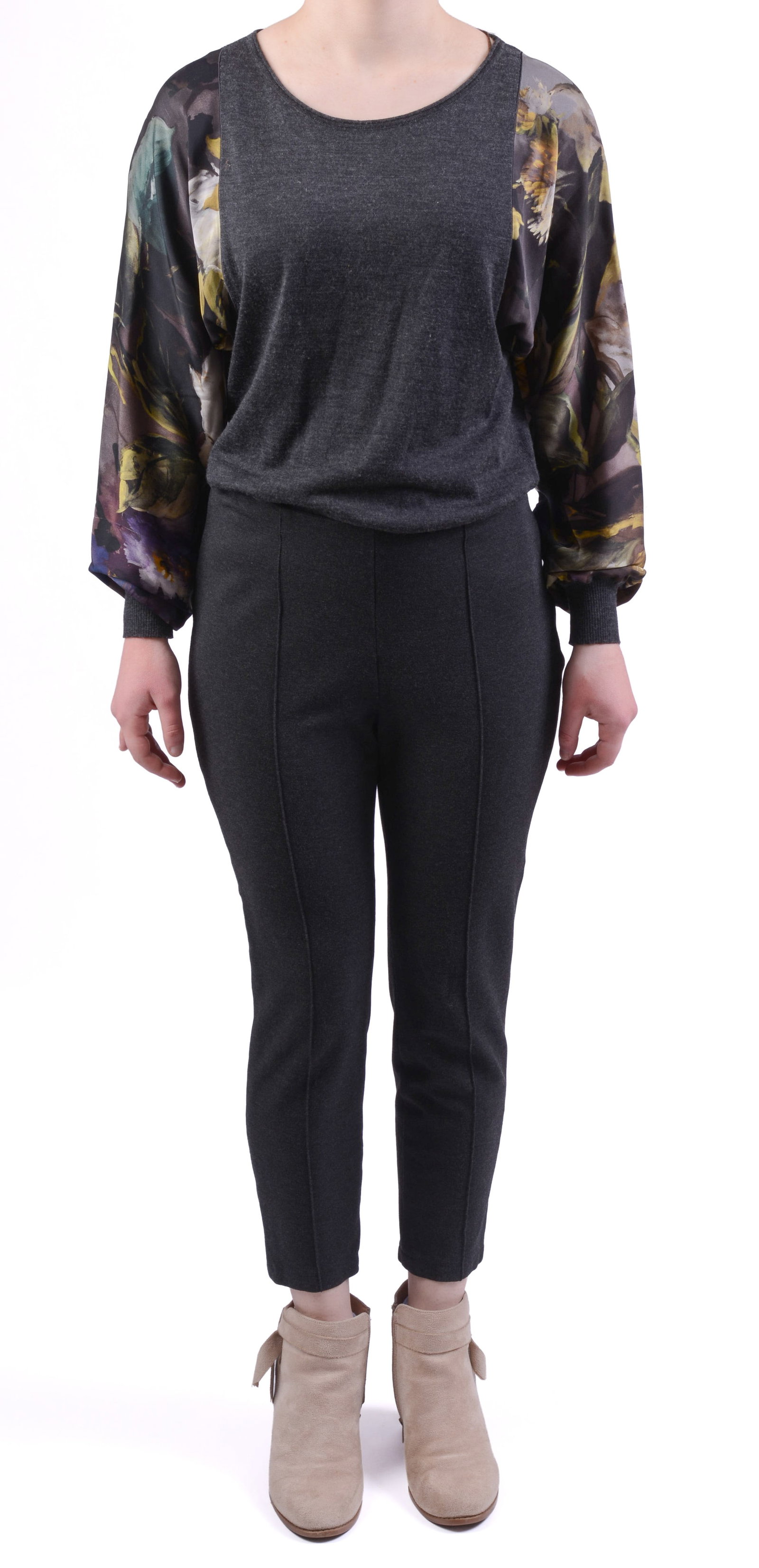 Escada Pants and Shirt with Floral Print Sleeves.: Size 38. A few light stains. From the collection of Jane Morgan.