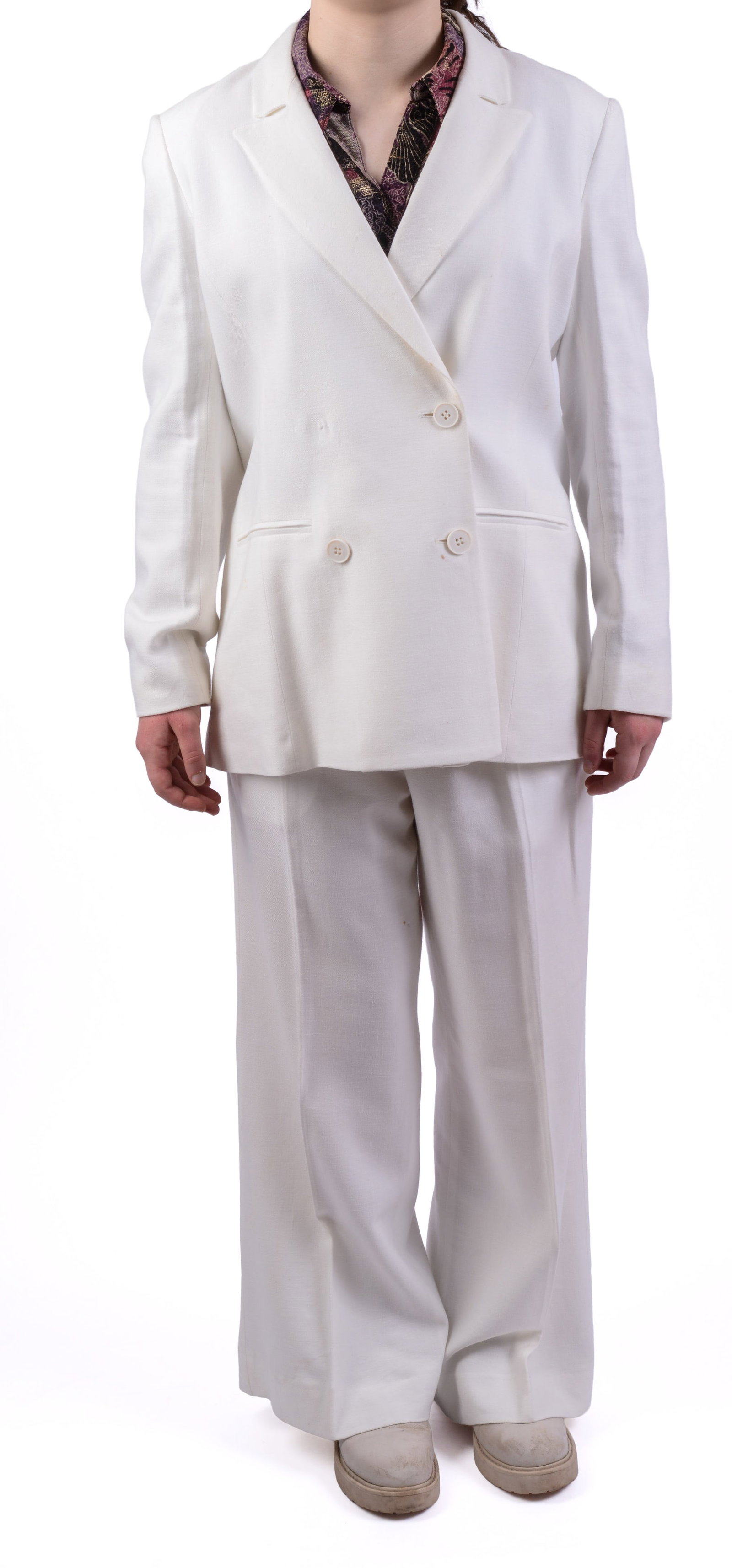 Joseph Ribkoff White Pant Suit.: Size 12, jacket length 27 inches. A couple small stains. From the collection of Jane Morgan.