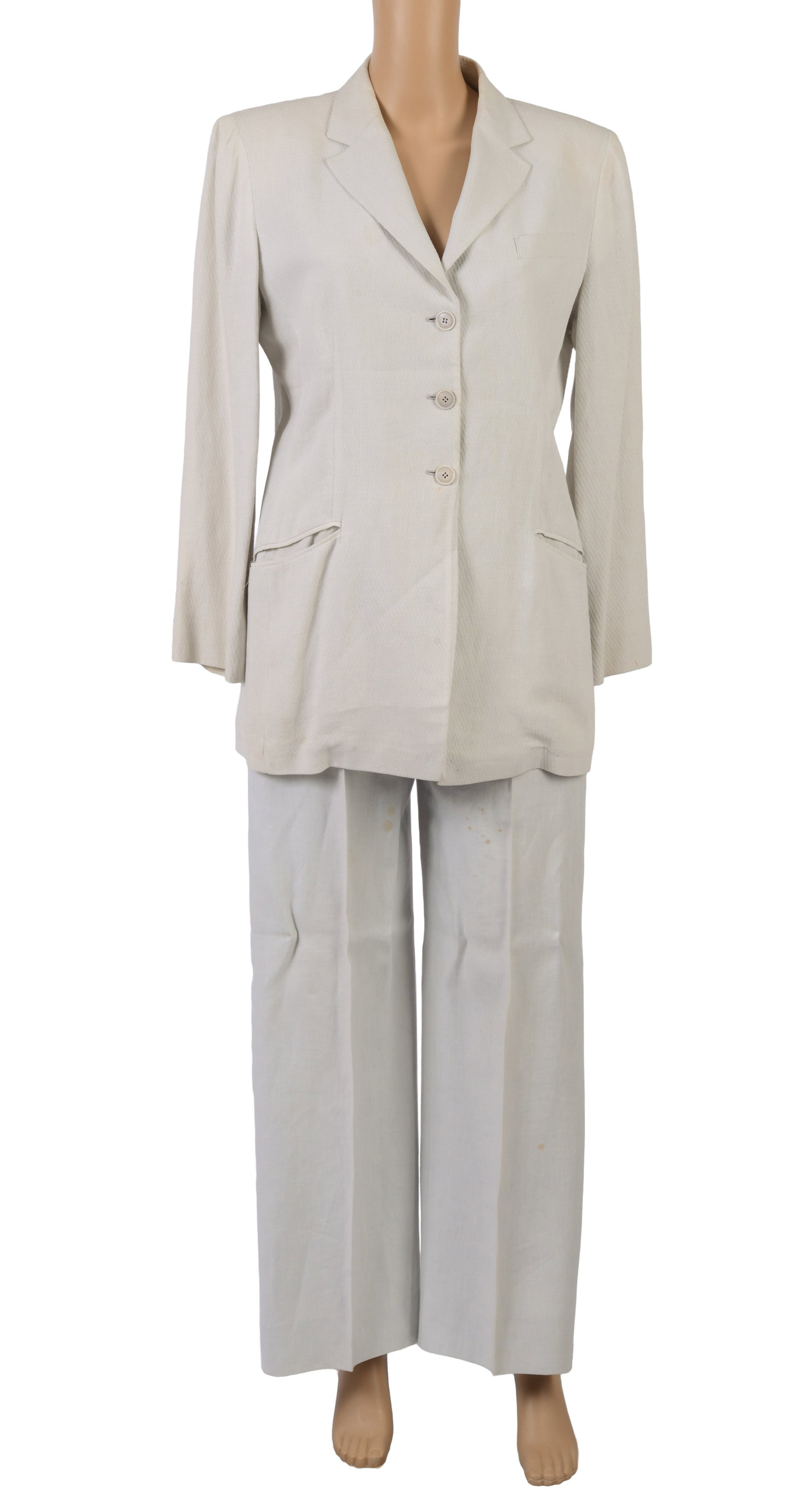 Armani Collezioni Pant Suit.: Size 10, blazer length 29 inches. A few small, light stains. From the collection of Jane Morgan.