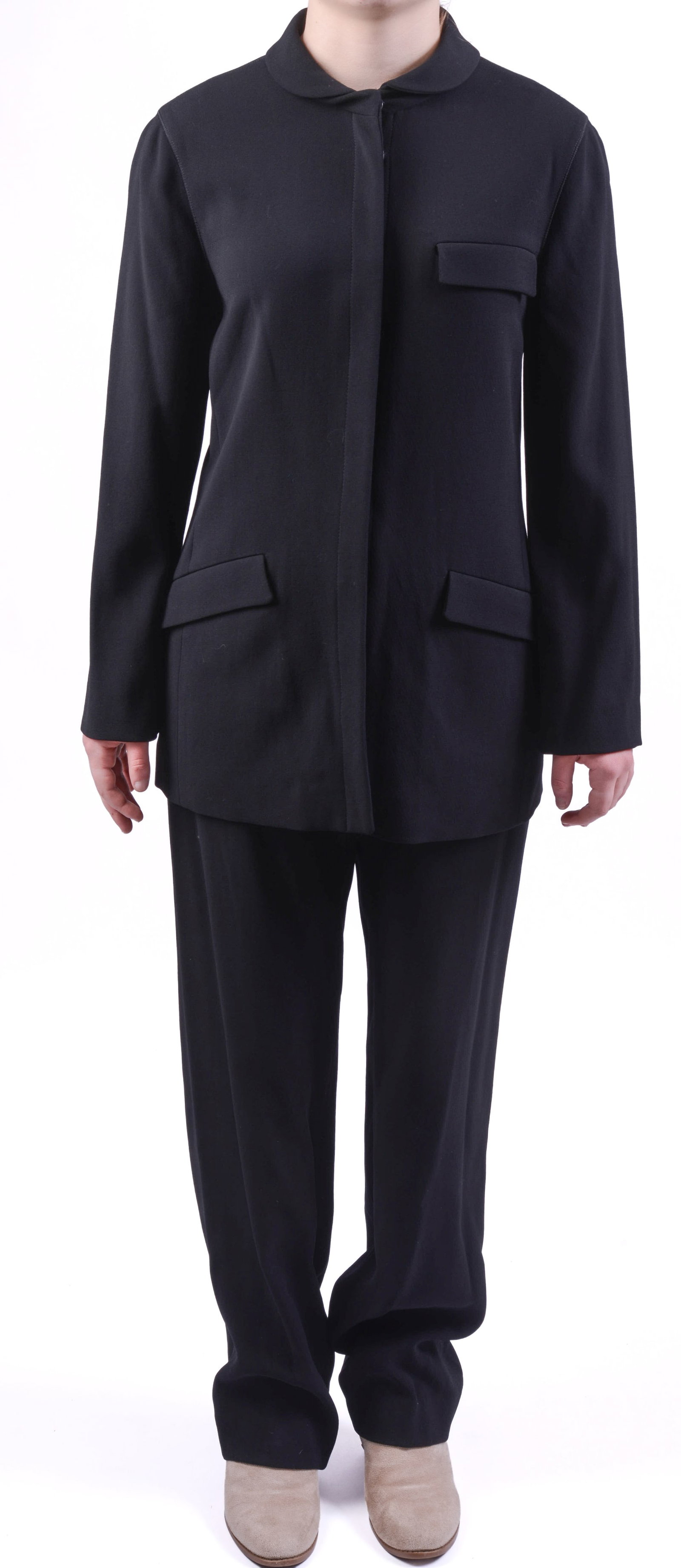 Giorgio Armani Wool Pant Suit.: Size 46, jacket length 29 inches. New with tags. From the collection of Jane Morgan.
