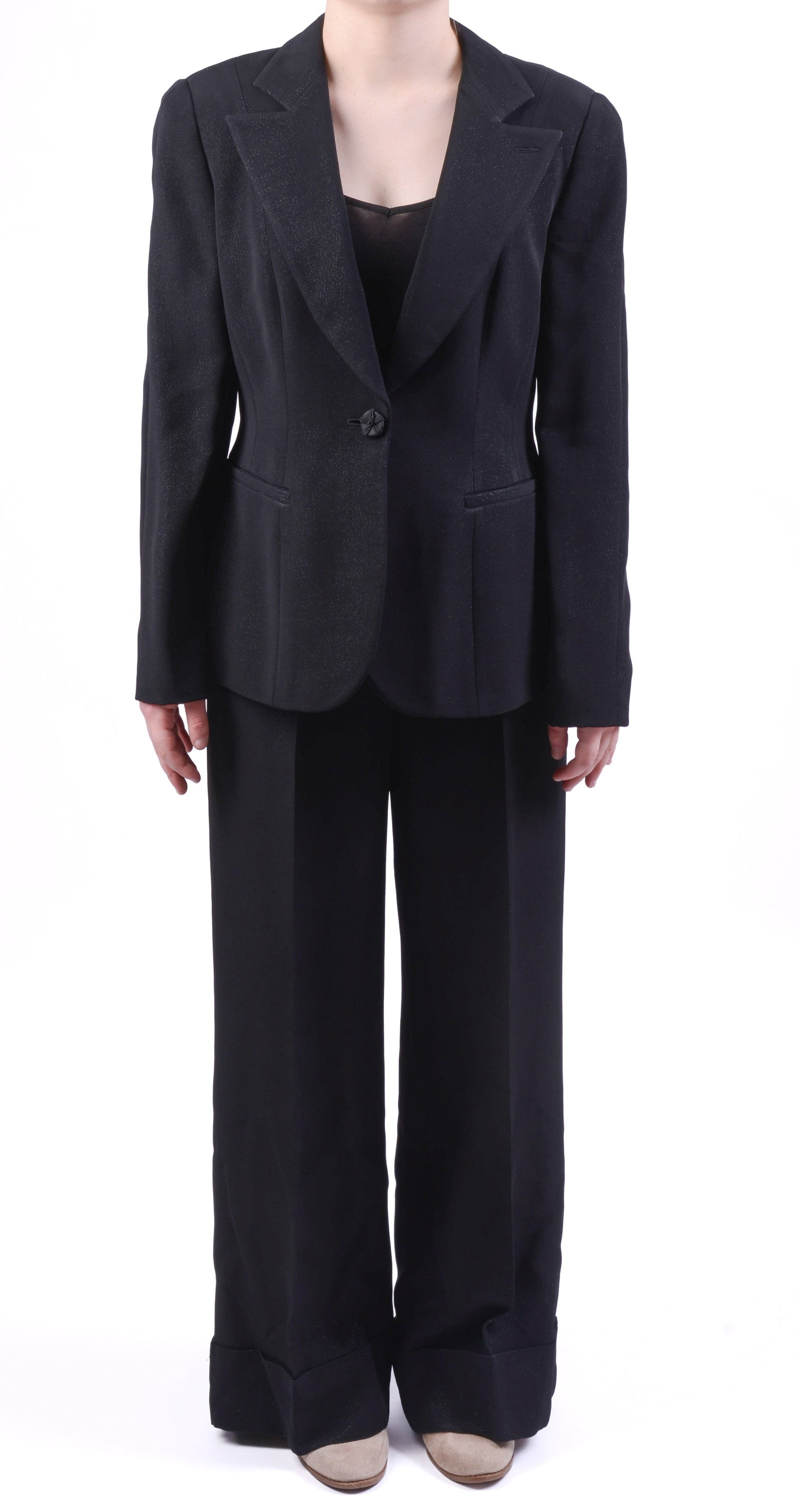 Giorgio Armani Pantsuit.: Size 44, jacket length 26 inches. Good condition. From the collection of Jane Morgan.