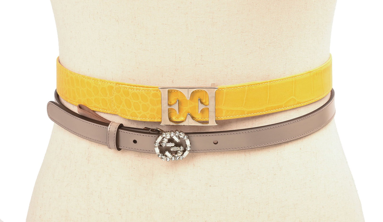 Gucci and Escada Leather Belts.: From the collection of Jane Morgan. With Gucci box. Lengths 36 inches.