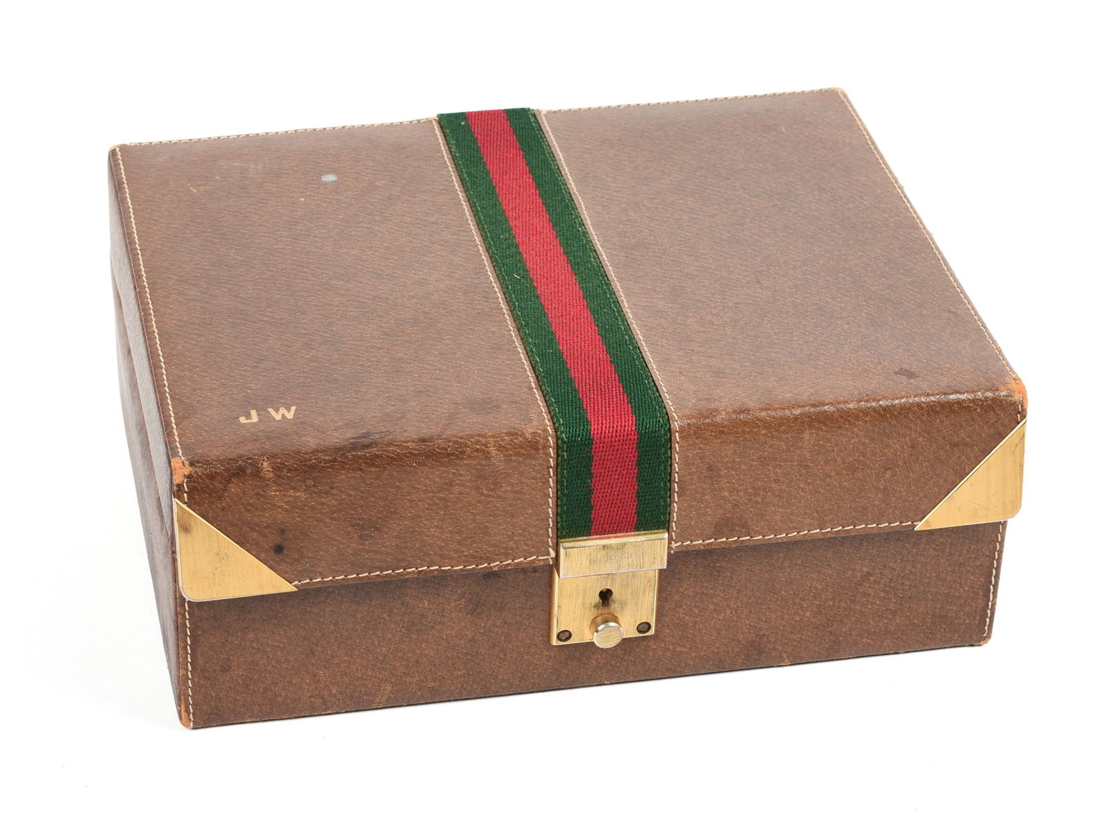 Gucci Leather Jewelry Box.: From the collection of Jane Morgan. 4 x 9.5 x 7 inches. Some wear.