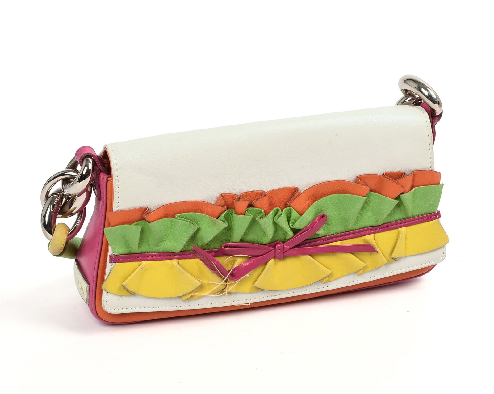 Escada Multi-Colored Clutch.: From the collection of Jane Morgan. 5 x 9 inches. Some fraying to bow. 