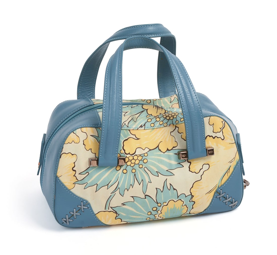 Escada Blue Floral Handbag.: 6 x 10 x 5 inches. From the collection of Jane Morgan.