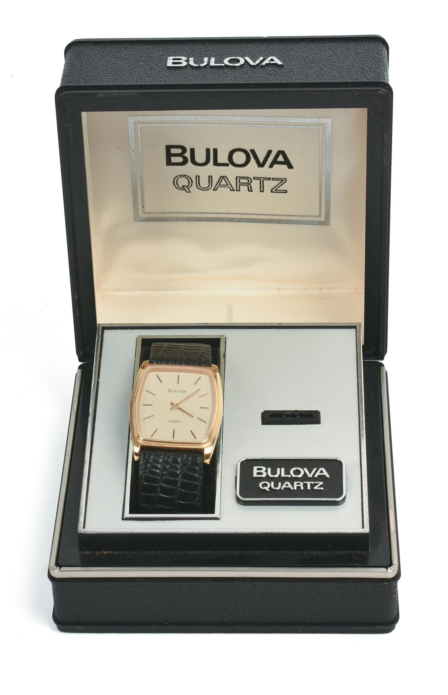 Bulova Quartz Men's Watch.: With original box. From the collection of Jane Morgan. Face 1.25 x 1 inch. 