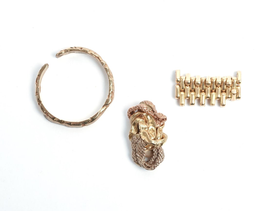 Group of Gold Jewelry.: Ring, marked 14k, 2.4 grams. Pendant, marked 750, 1.7 grams. Watch links, unmarked, 2.3 grams. From the collection of Jane Morgan.