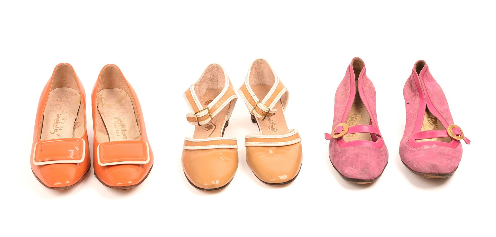 Three Pairs of Vintage Pumps.: Ferragamo and Saks Fifth Avenue. Size 7 1/2. Some wear. From the collection of Jane Morgan.