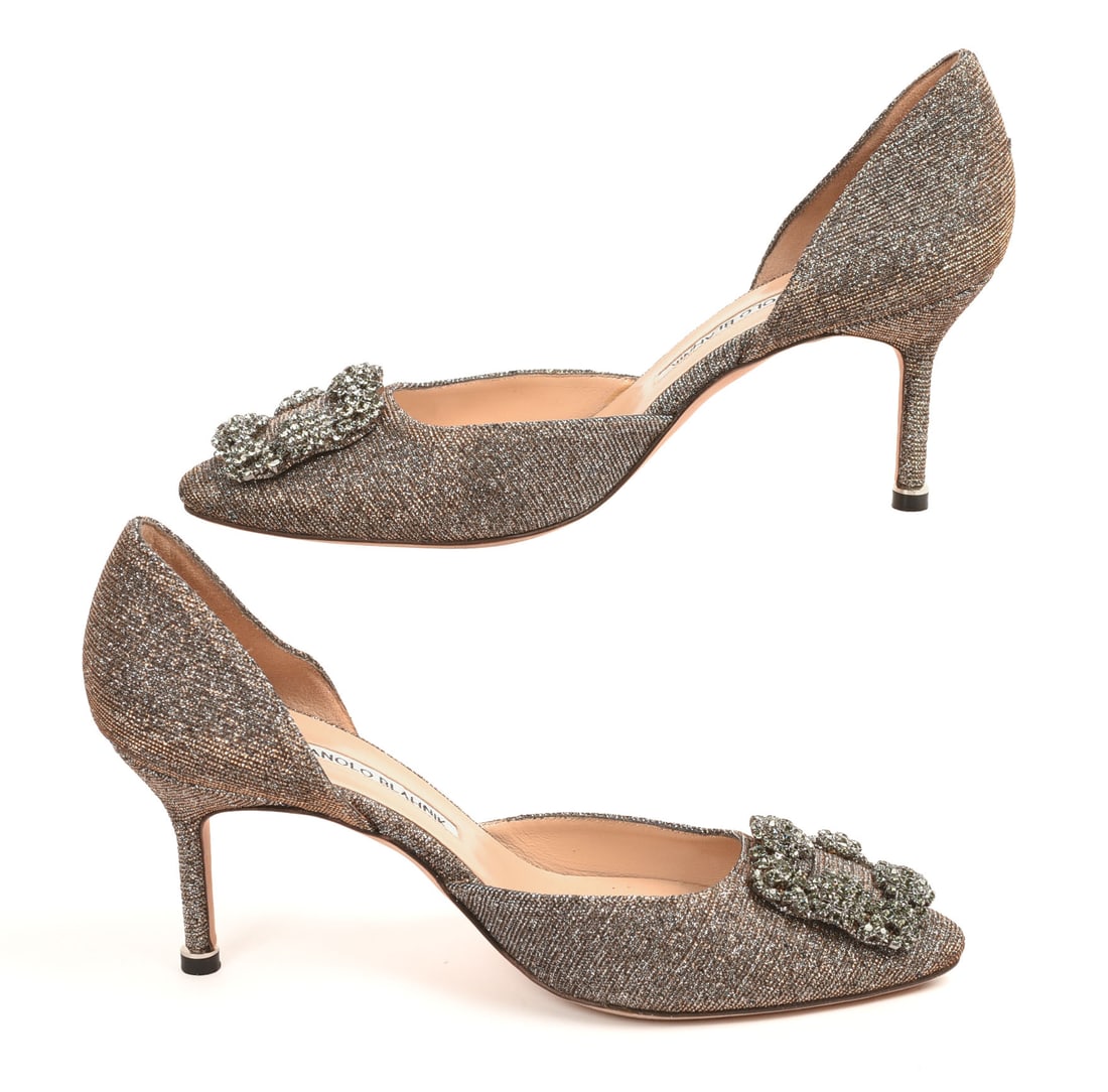 Manolo Blahnik Sparkle Heels.: Size 37.5. With original box. Good condition, minor wear to sole. From the collection of Jane Morgan.