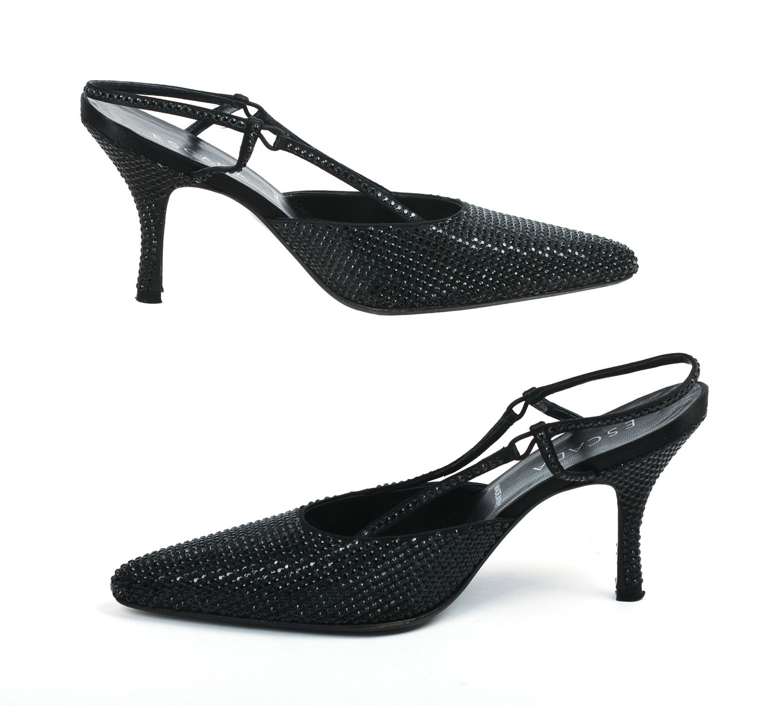 Escada Black Rhinestone Heels.: Size 38. With original box. Missing at least one rhinestone, and light wear to sole. From the collection of Jane Morgan.