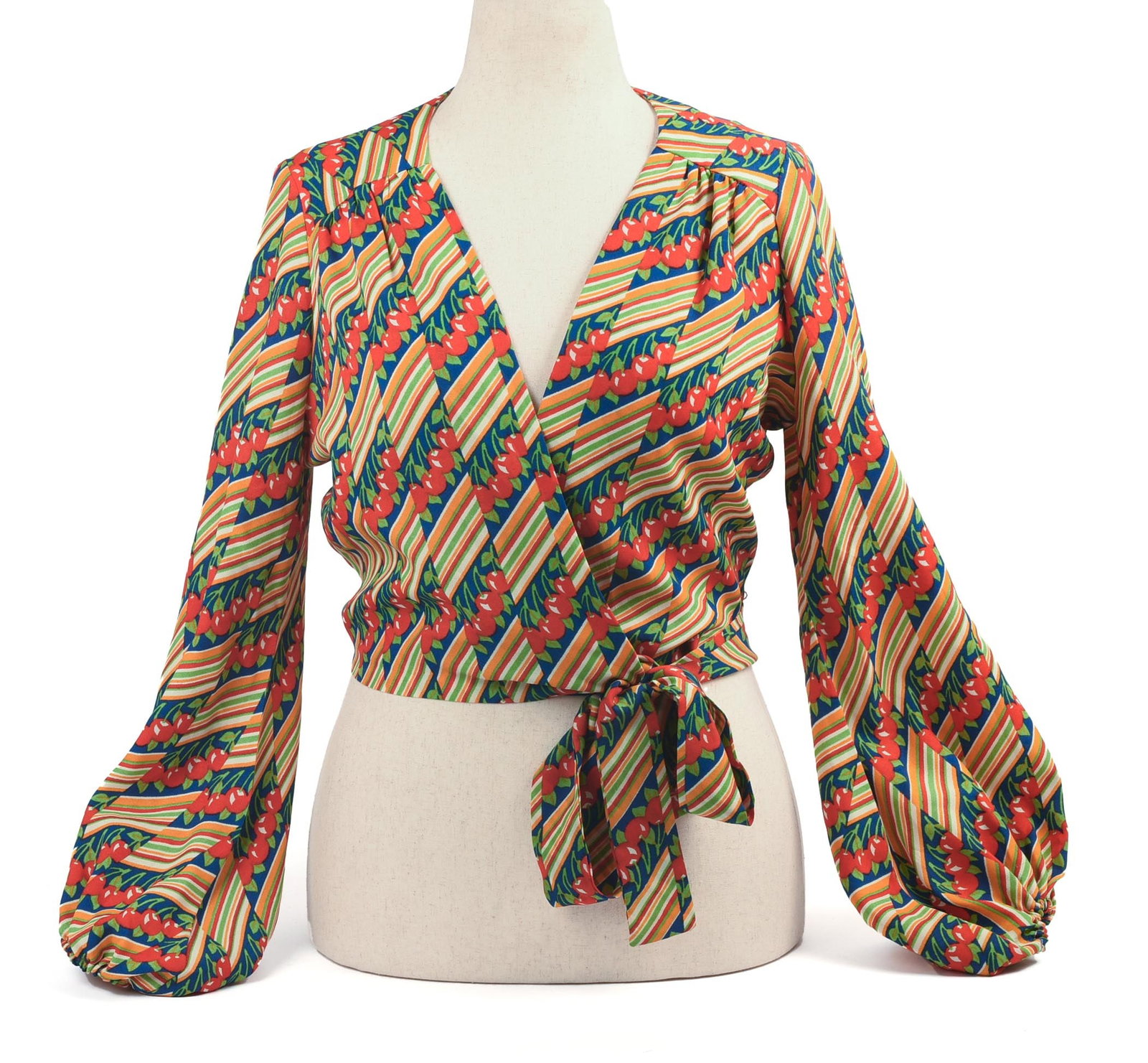 Cherry Printed Wrap Top.: One size, good condition.