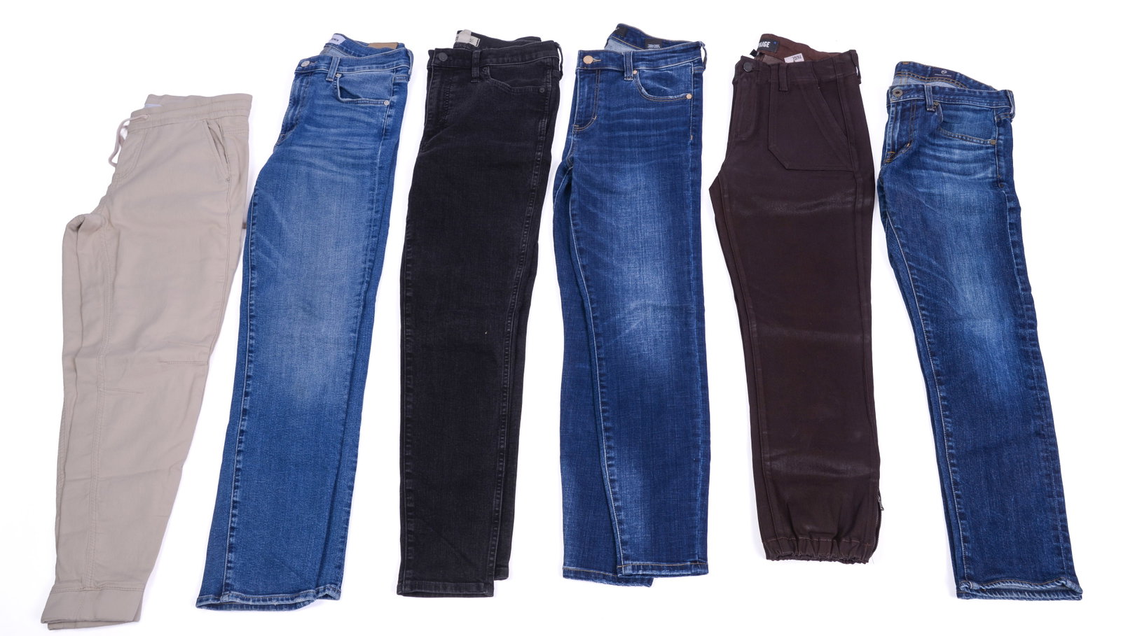 Six Pairs of Designer Pants, Sizes 27- 30.: Adriano Goldschmied, 30 x 34; Paige, 28; Liverpool, 8/29; Madewell, Edwin, 27, MAC, 36.