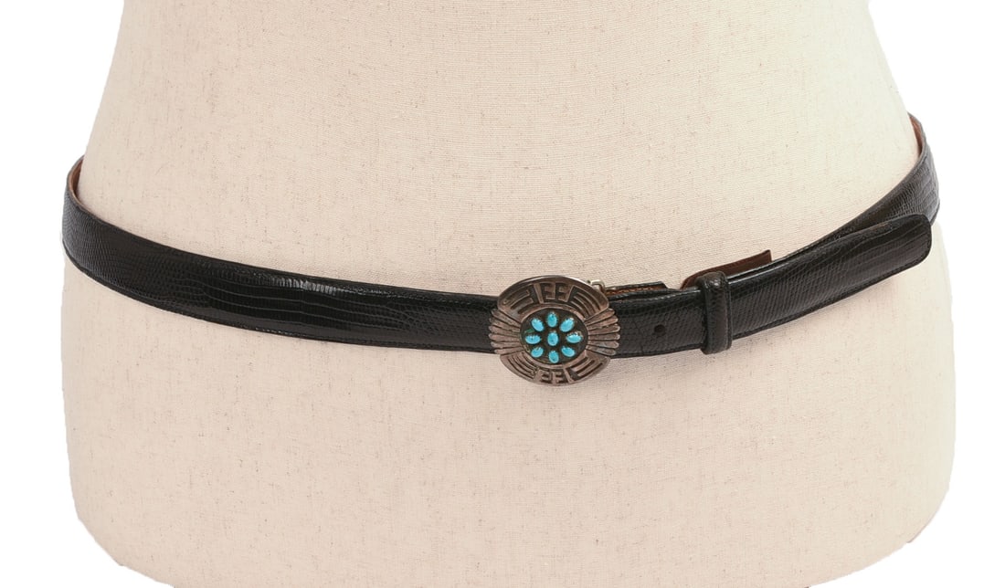 Rosco Scott Navajo Sterling Belt Buckle.: Diameter 2 inches. With Trafalgar leather belt, length 46 inches.