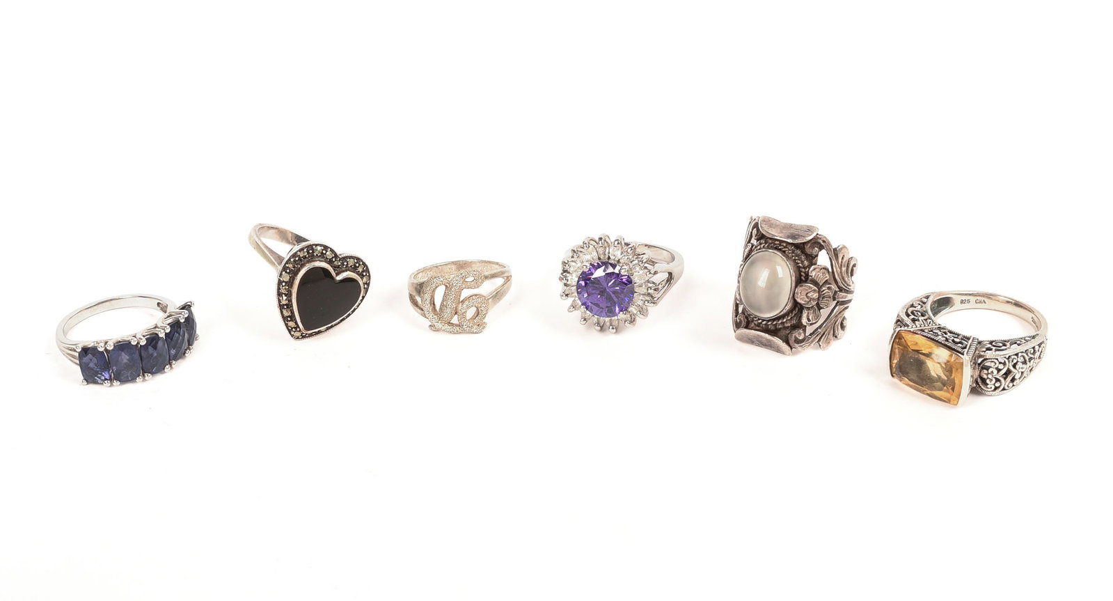 Six Sterling Silver Rings.: Total weight 34 grams.