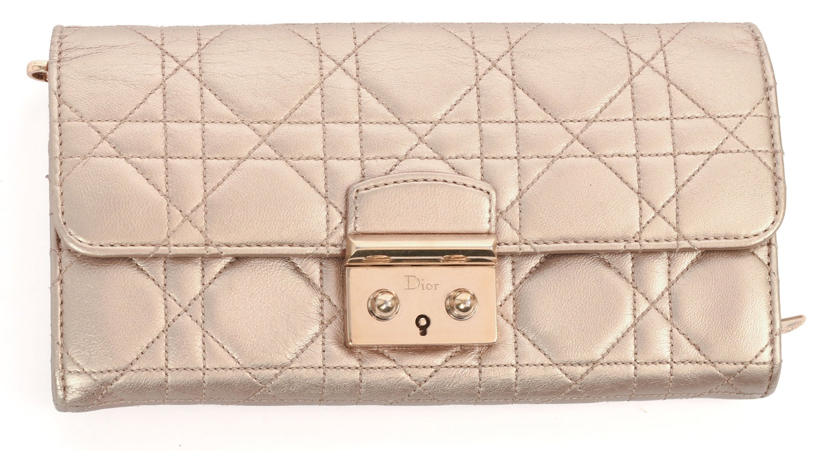 Dior Gold Cannage Lambskin Wallet.: 4 x 7.5 inches. With non-branded chain.