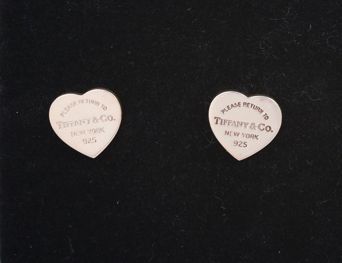 Tiffany & Co Sterling Heart Earrings.: Diameter 0.375 inches, with box and bag.