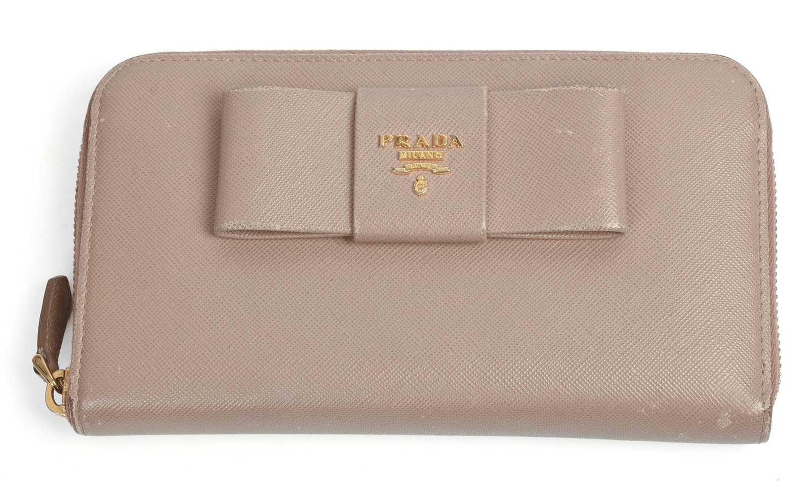 Prada Saffiano Cameo Zip Wallet with Bow.: 7.5 x 4 inches, some scuffs.