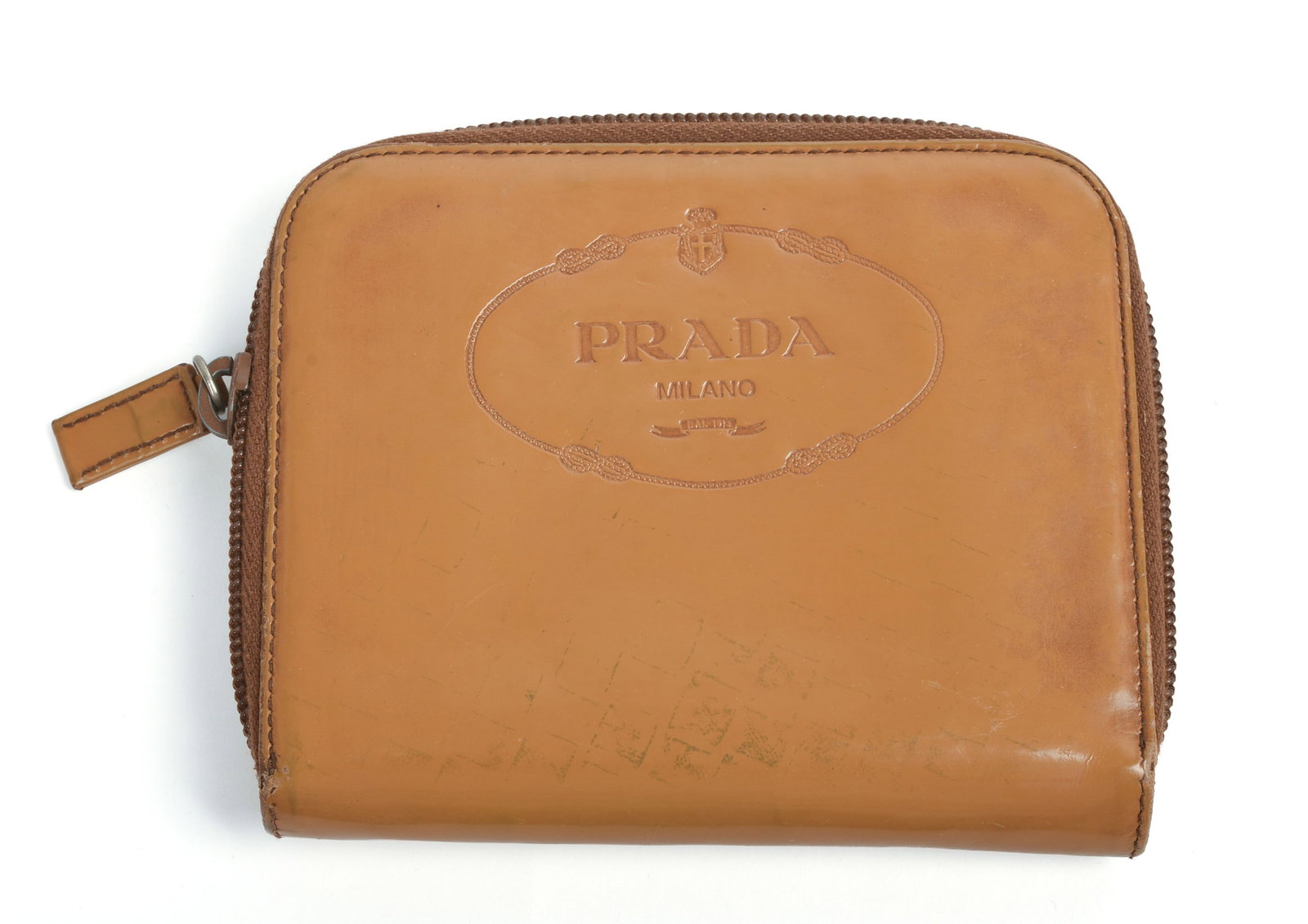 Prada Yellow Vernis Zip Wallet.: 5.5 x 4.25 inches. Some light staining.