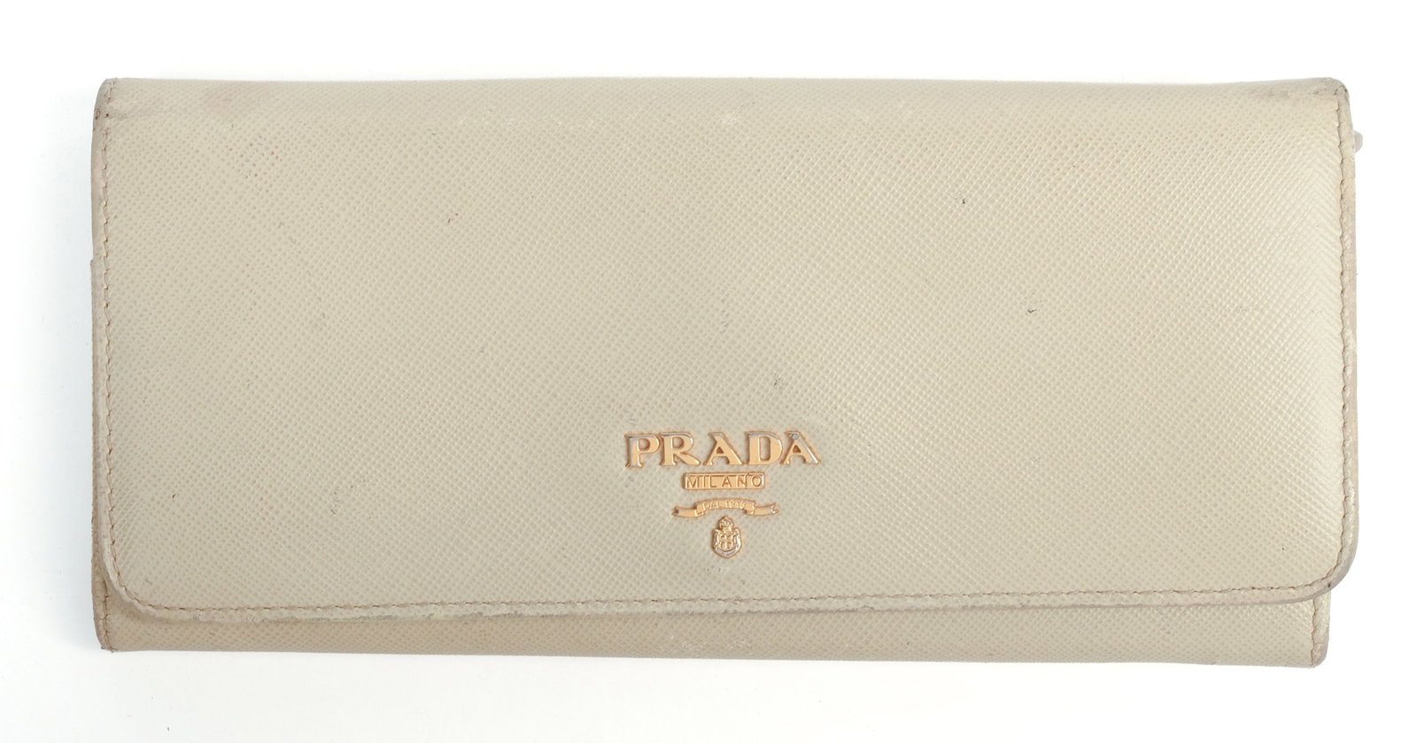 Prada Double Snap Wallet.: 7.5 x 3.5 inches. Some light staining.