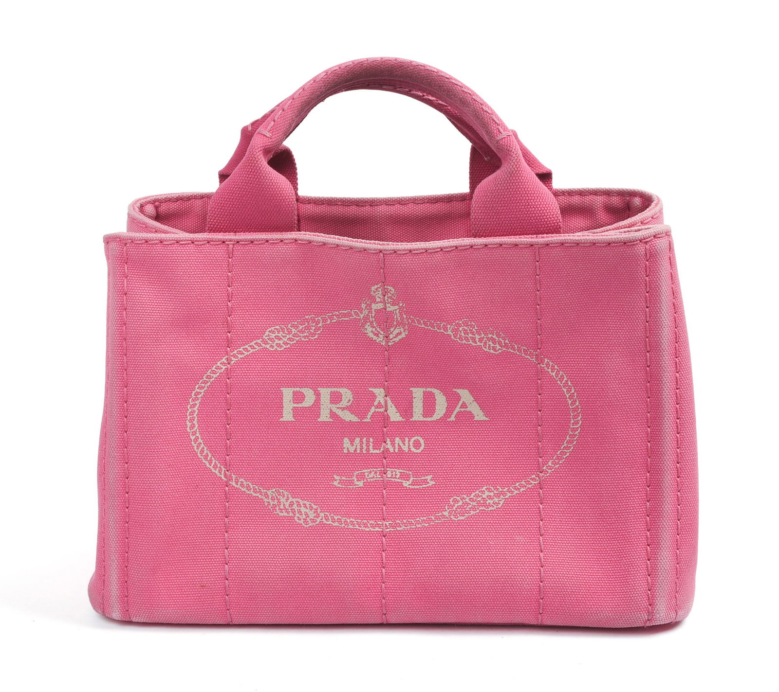 Prada Pink Canapa Canvas Bag.: 7.5 x 11 x 5 inches. Some wear.