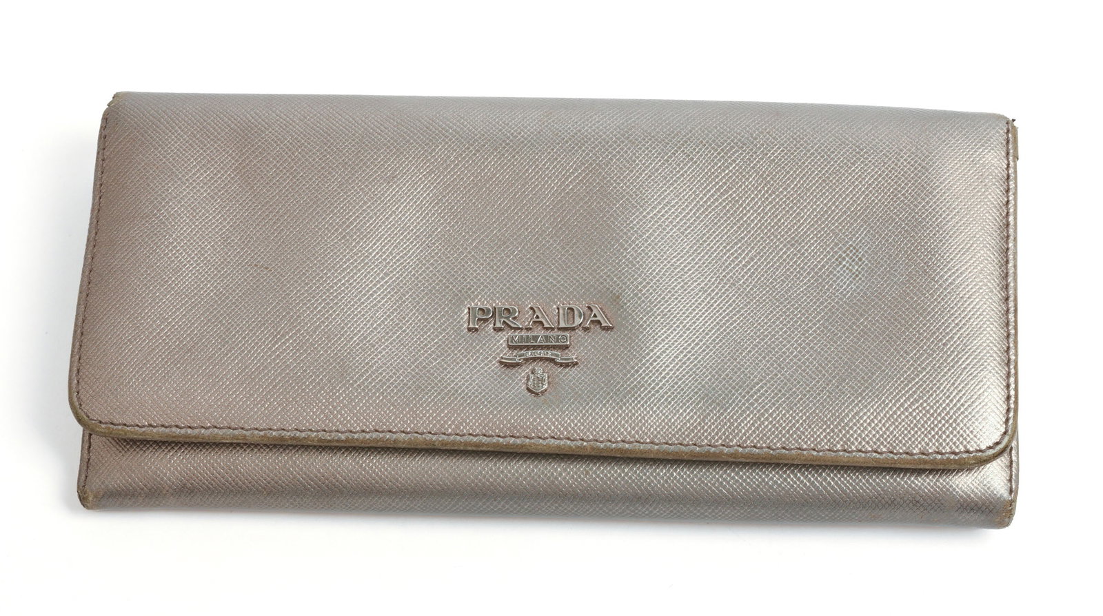 Prada Silver Double Snap Wallet.: 7.5 x 3.5 inches.