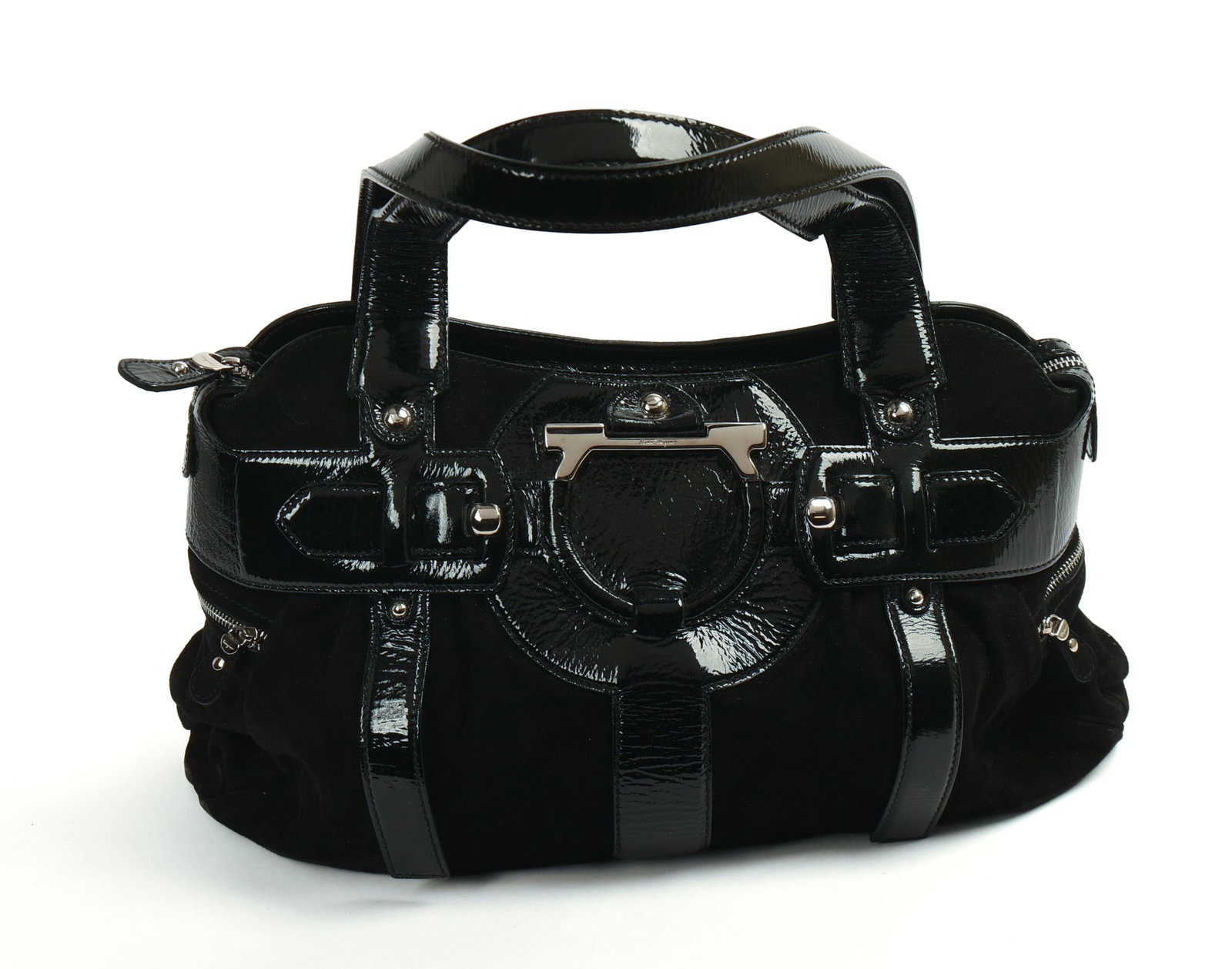 Ferragamo Black Suede & Patent Leather Shoulder Bag.: 9 x 15 inches. Good condition.