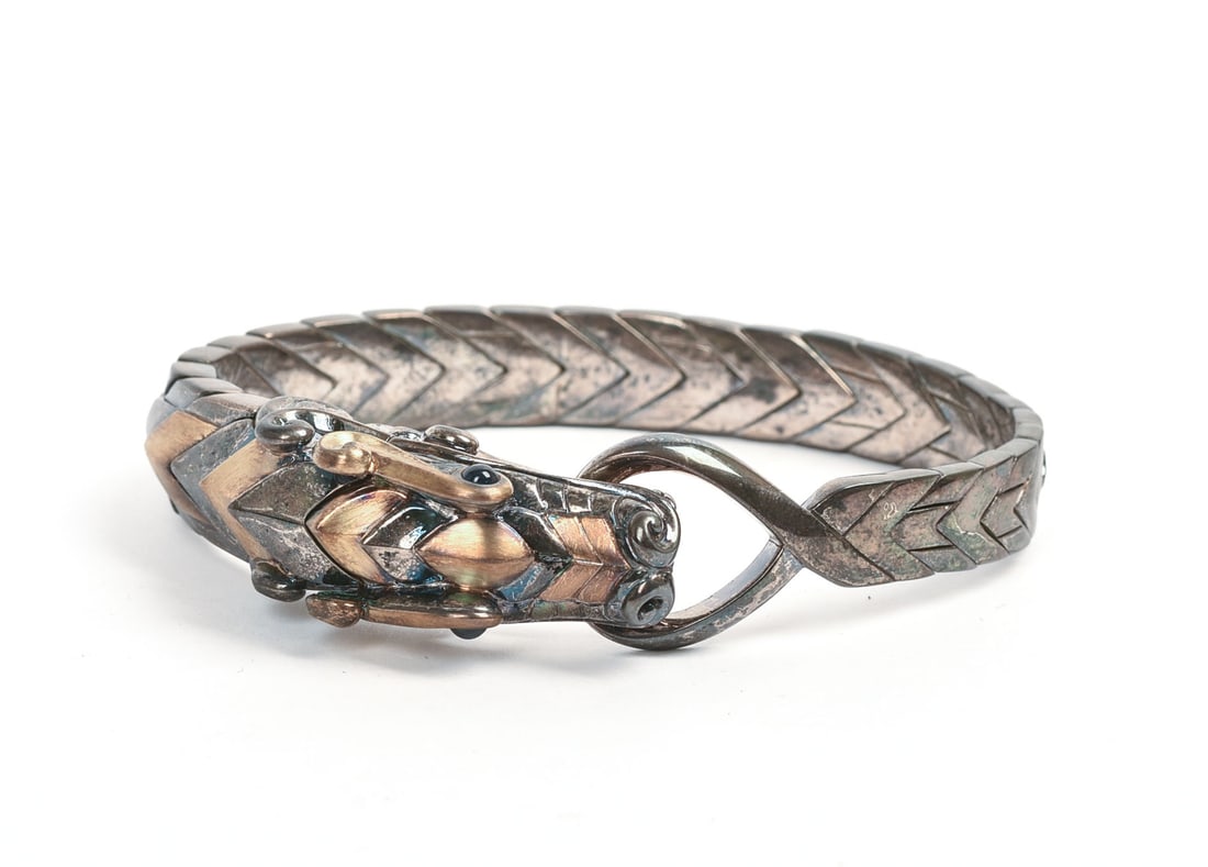 John Hardy Legends Naga Station Bracelet in Silver and 18K Gold.: With blue sapphire eyes, diameter 7.5 inches.