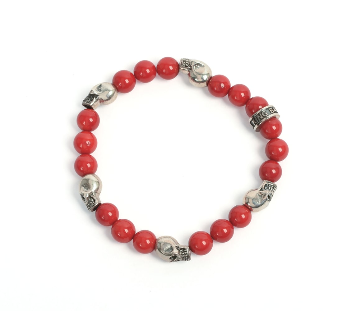 Rotenier Red Coral and Sterling Skull Bracelet.: Diameter 2.5 inches.