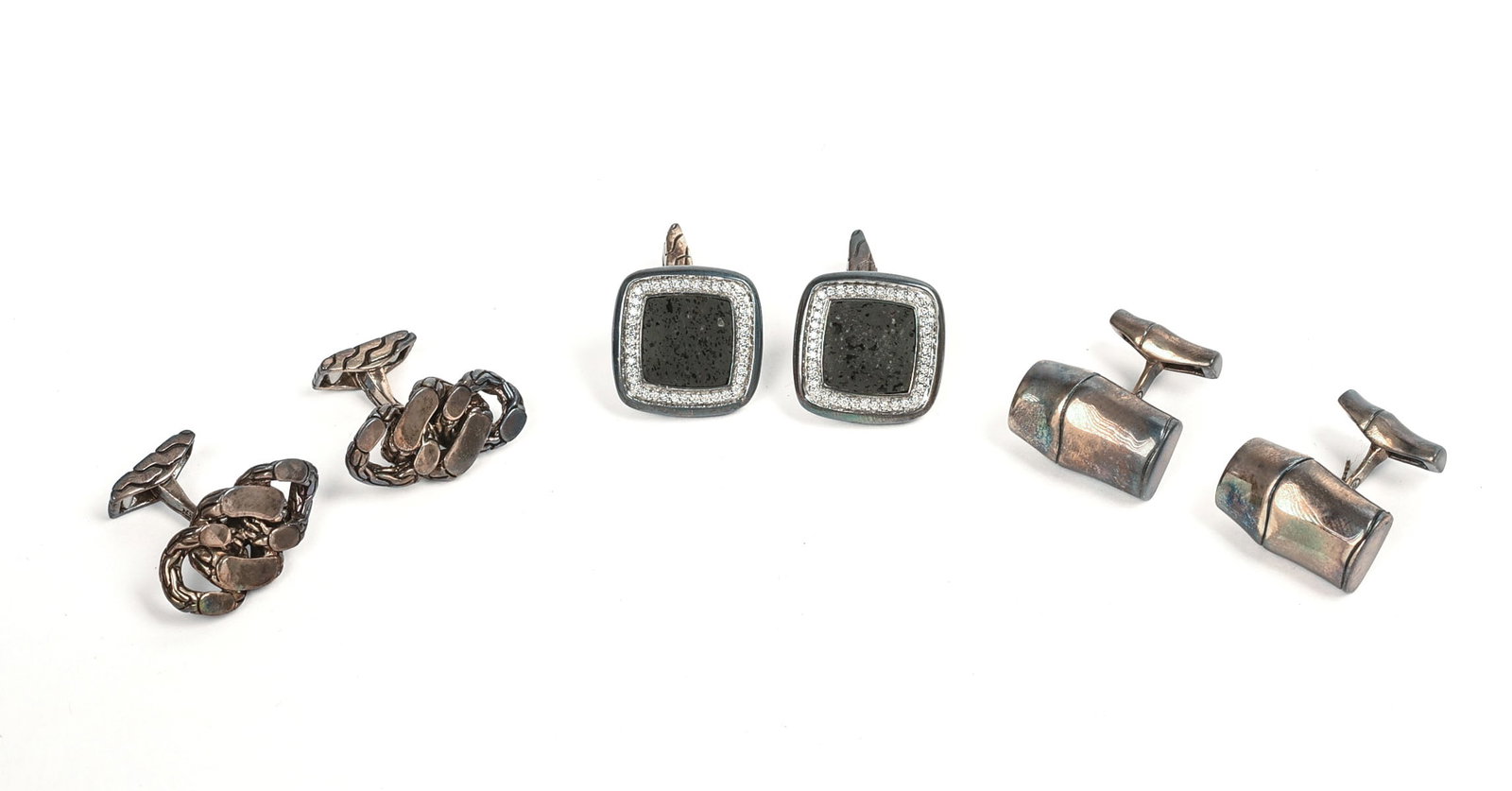 Three Pairs of John Hardy Sterling Silver Cufflinks.: New in box, some tarnish.