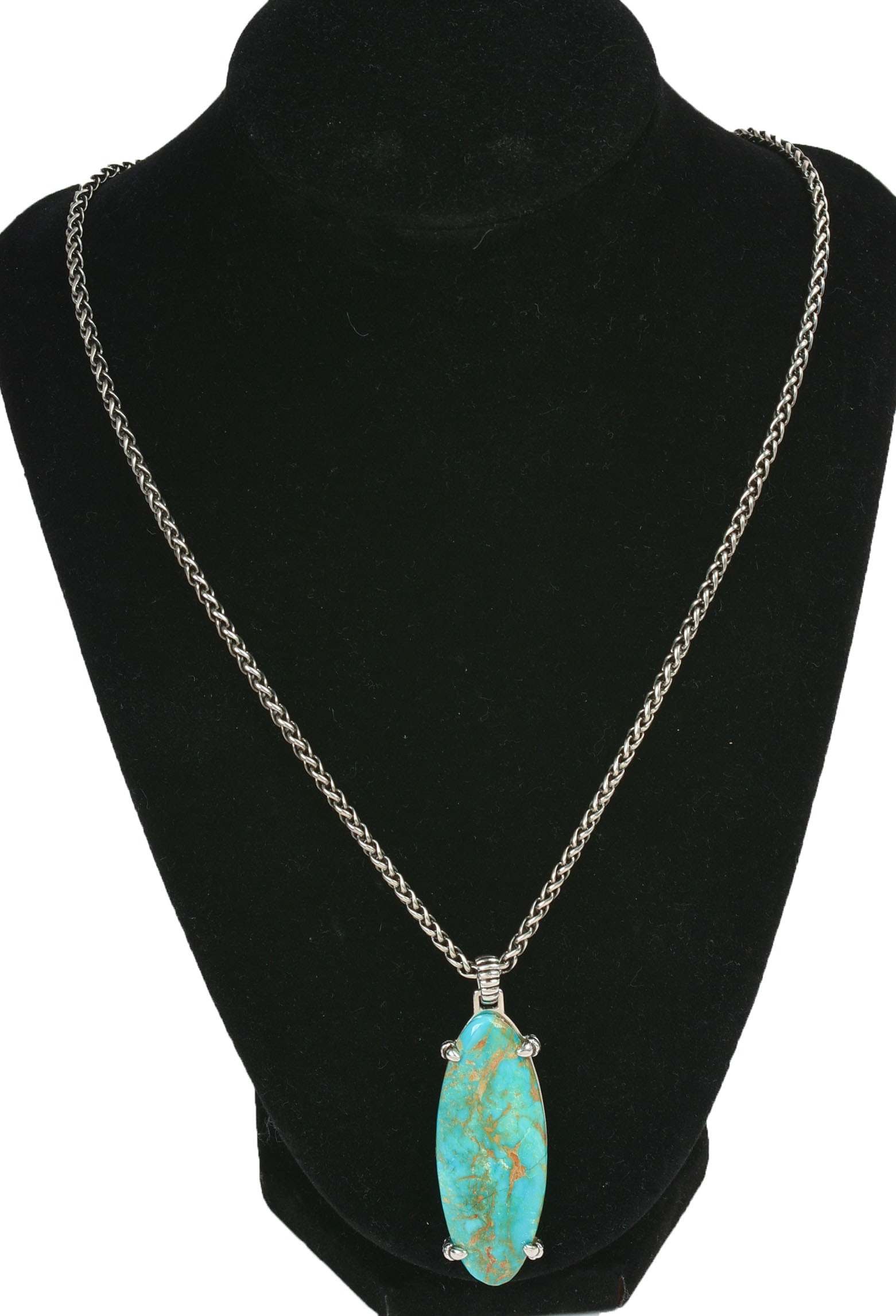 Jan Leslie Sterling Pendant Necklace.: 2.25 x .5 inches, chain 18 inches. Hairlines to stone pendant.