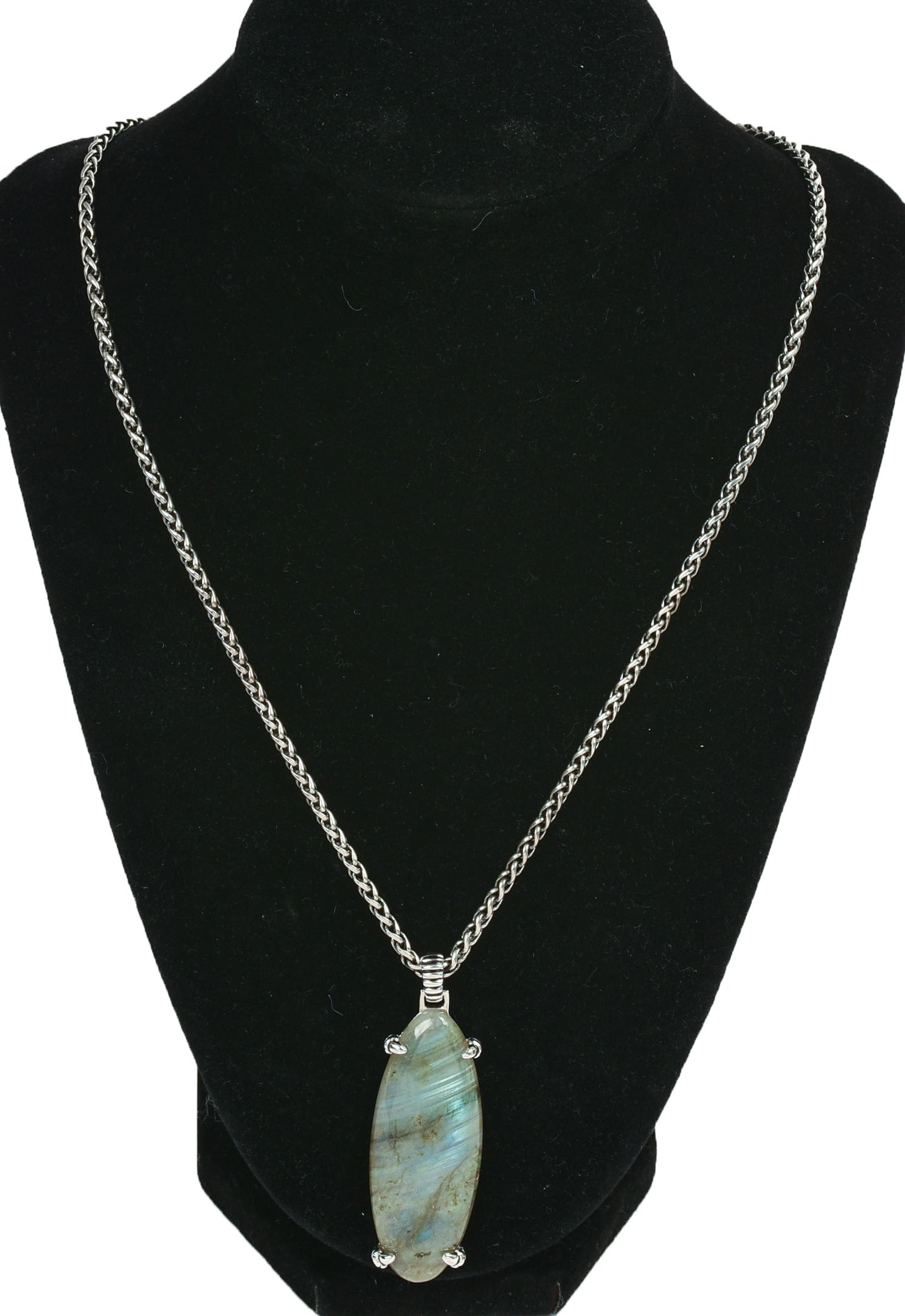 Jan Leslie Sterling Pendant Necklace.: 2 x .5 inches, chain 18 inches.