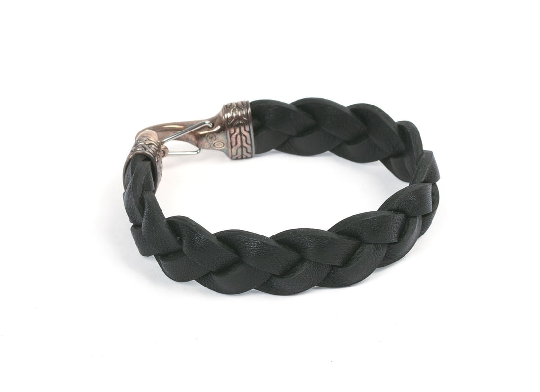 John Hardy Sterling and Leather Bracelet.: Diameter 2.5 inches, retail $495.