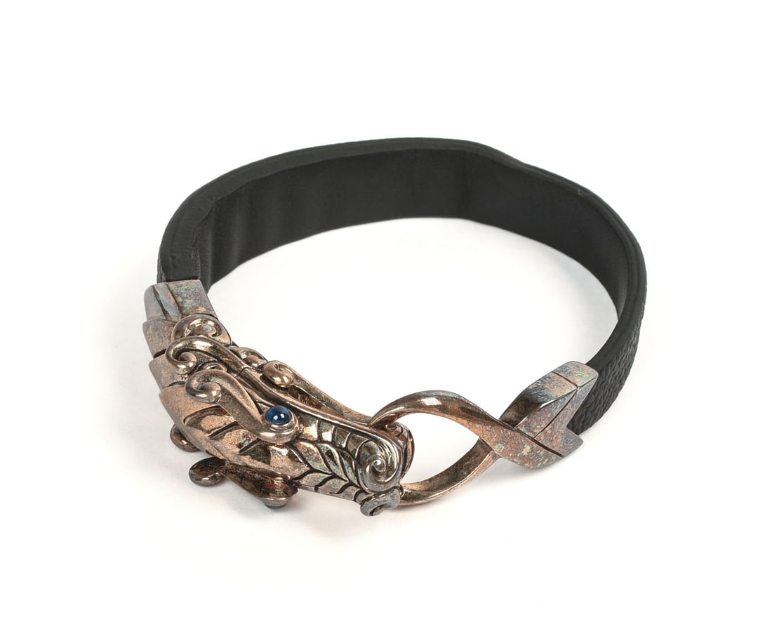 John Hardy Sterling and Leather Naga Bracelet.: Diameter 2.5 inches.