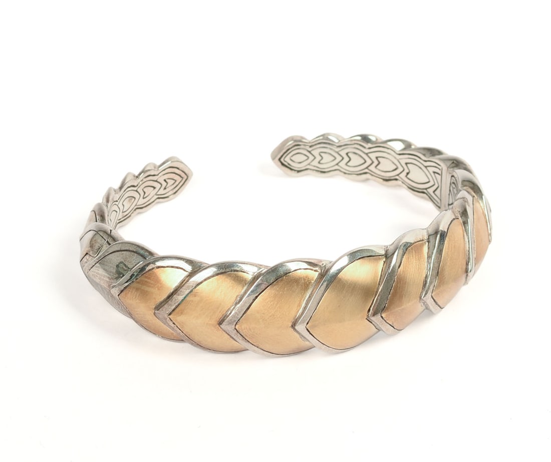 John Hardy Sterling and 18K Cuff Bracelet.: Diameter 2.5 inches, 55.7 grams.