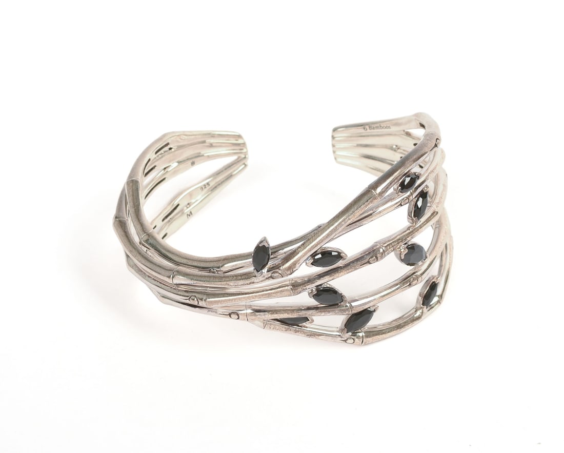 John Hardy Sterling and Onyx Cuff Bracelet.: Diameter 2.5 inches, 62 grams.
