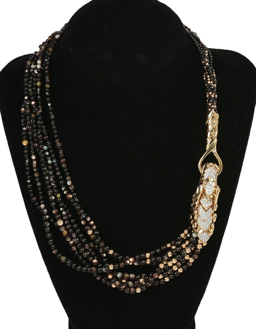 John Hardy 18K, Diamond and Onyx Naga Necklace.: With black mother of pearl beads. Length 18 inches, total weight 94.5 grams.