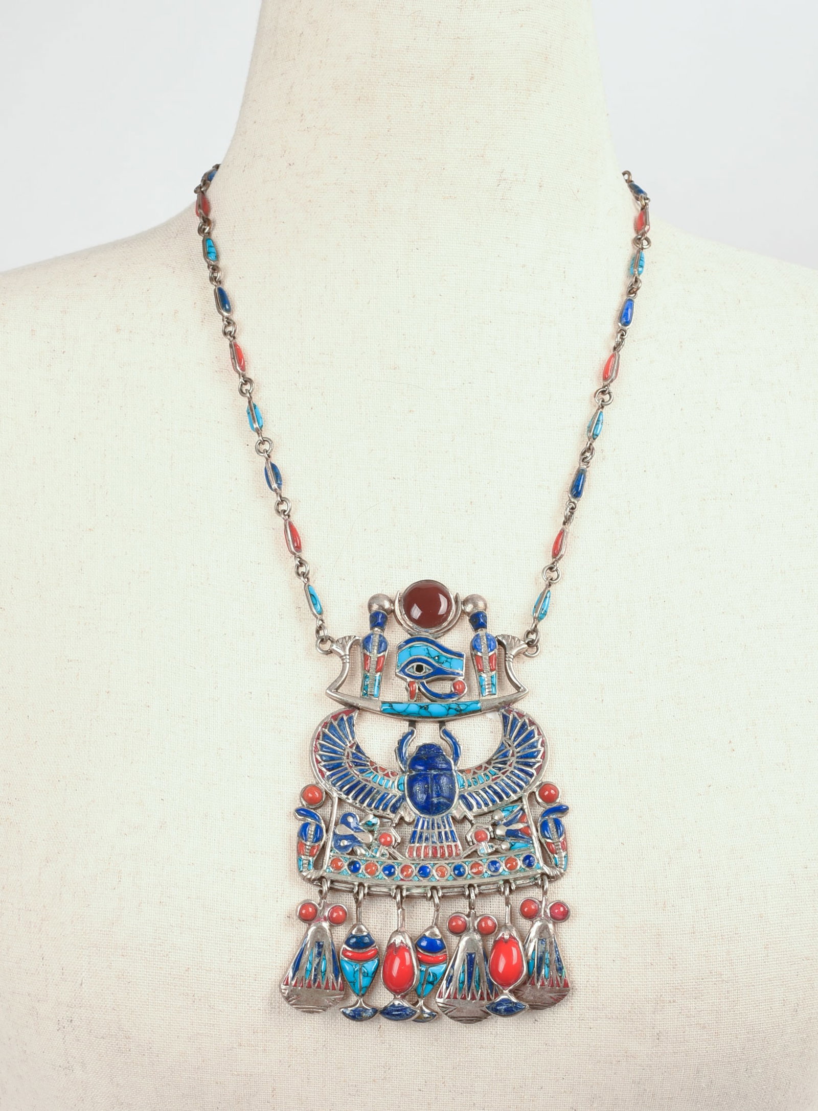 Egyptian Mixed Stone and Sterling Pendant Necklace.: Pendant 5 x 2.5 inches, length of chain 18 inches.