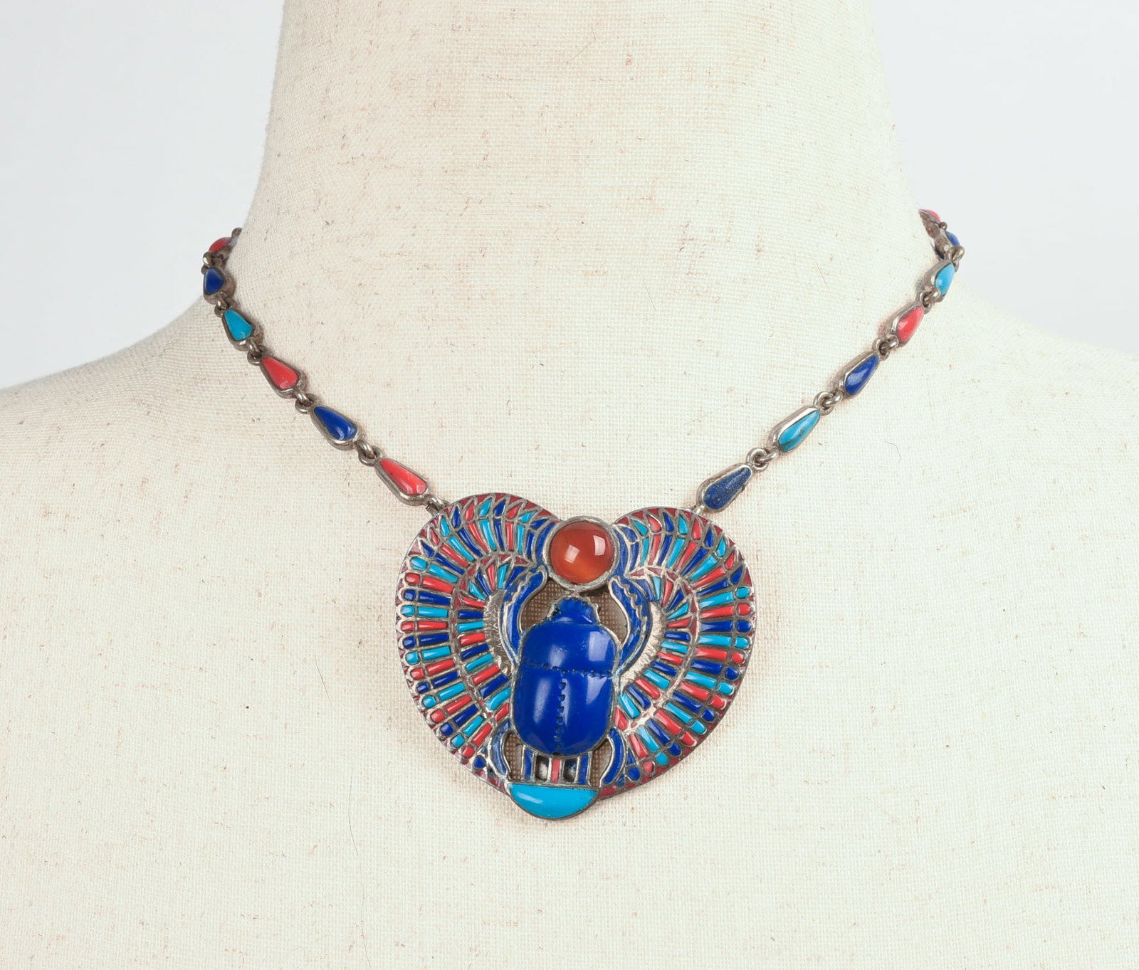 Egyptian Mixed Stone and Sterling Pendant Necklace.: Pendant 2 x 2.25 inches, length of chain 14 inches.