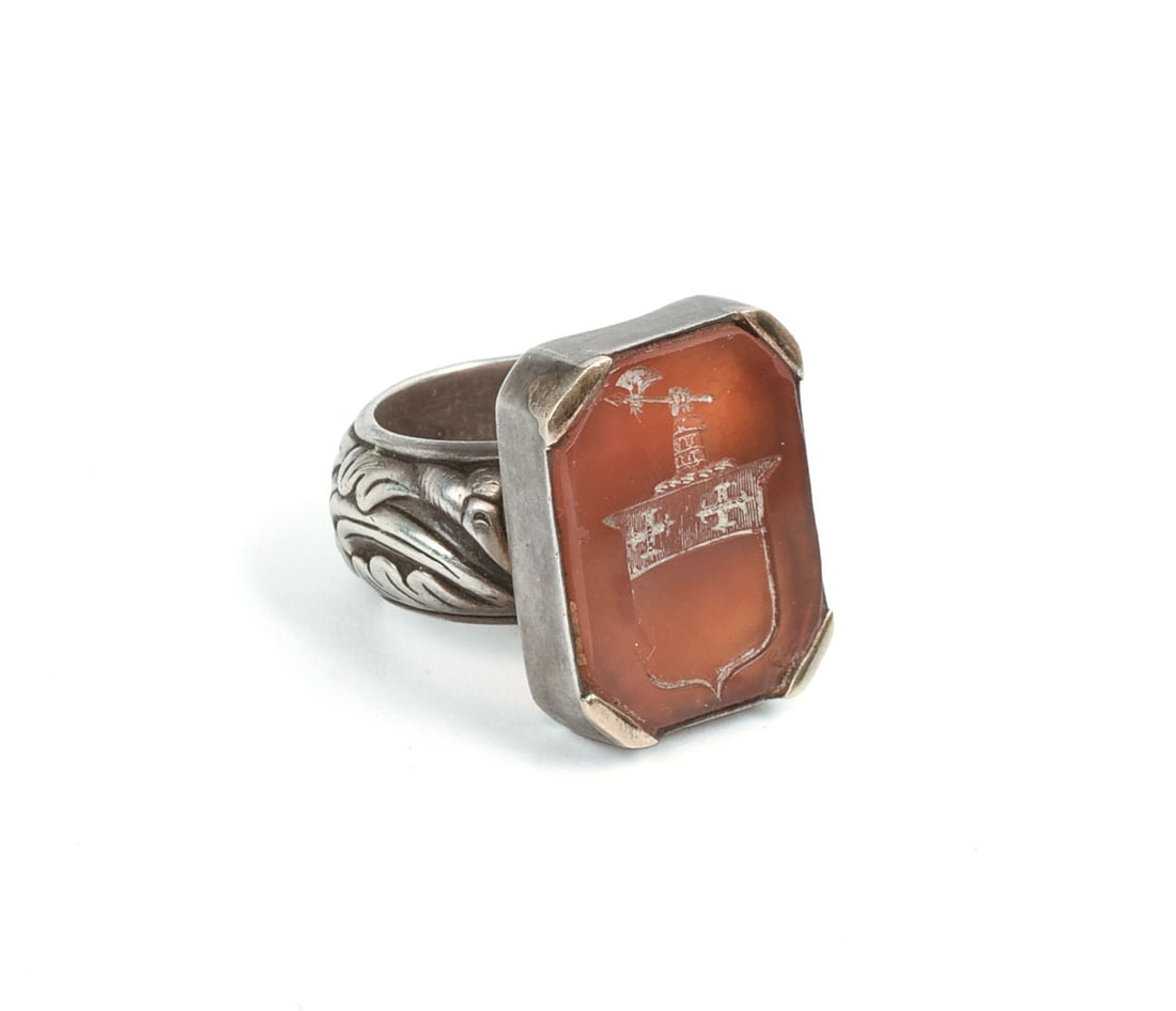 Large Sterling Silver Ring with Amber Coat of Arms.: Size 9.