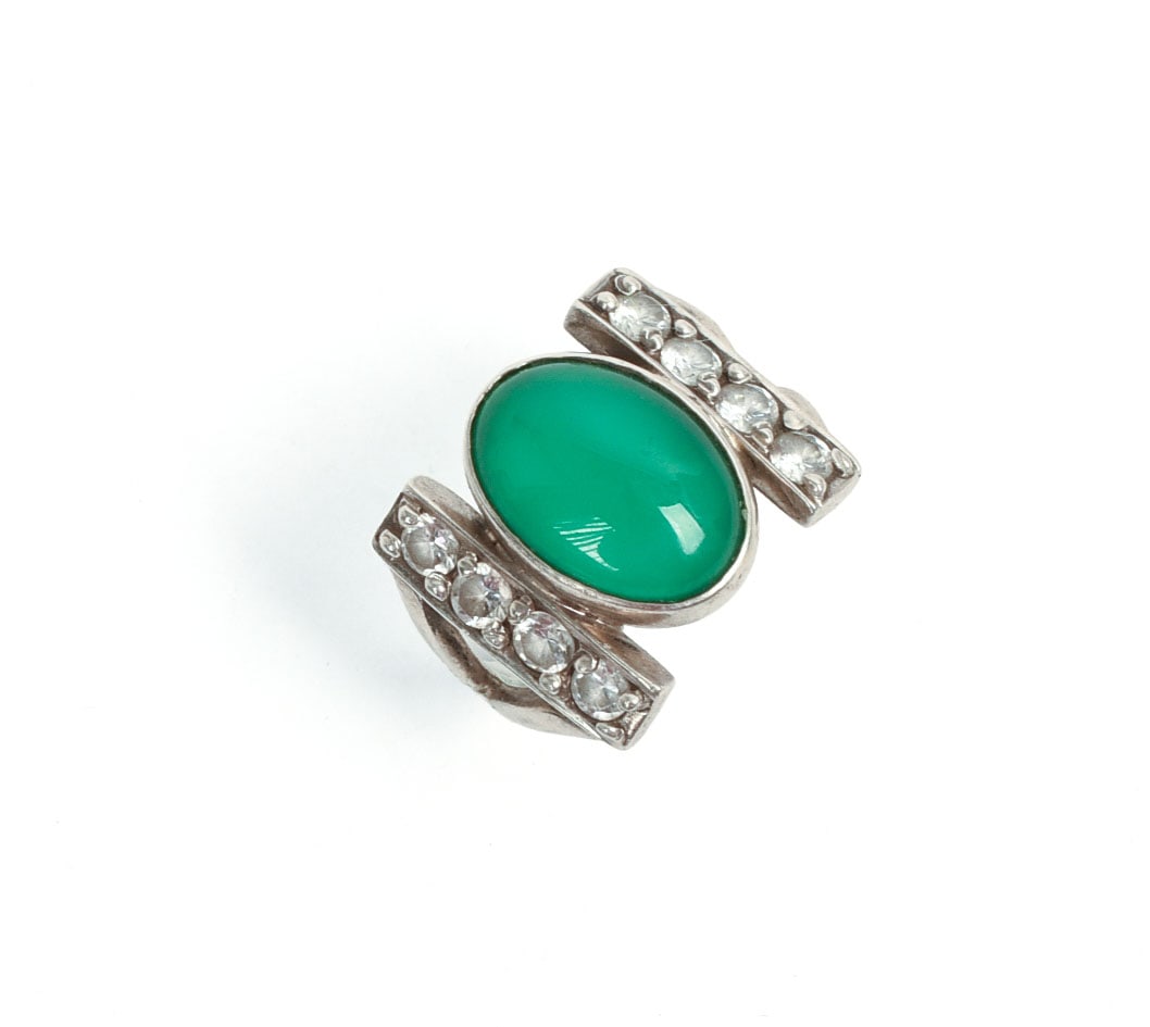 Sterling, Diamond, and Jade Ring.: Size 6.5, marks rubbed.