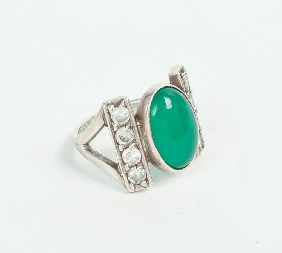 Sterling, Diamond, and Jade Ring. - 2