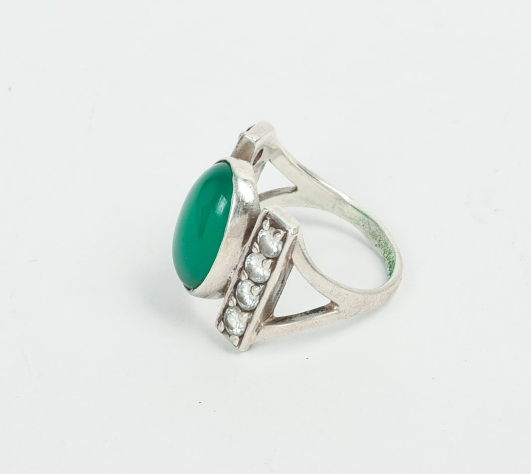 Sterling, Diamond, and Jade Ring. - 3