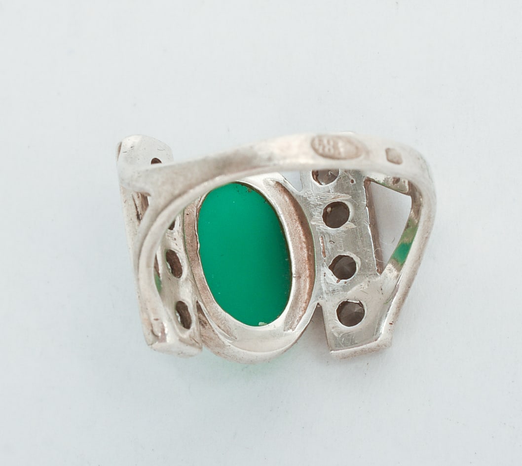 Sterling, Diamond, and Jade Ring. - 4