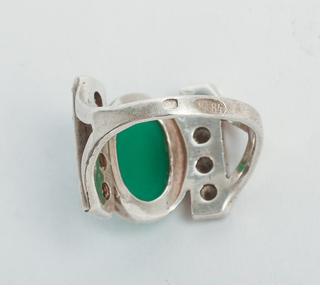 Sterling, Diamond, and Jade Ring. - 5