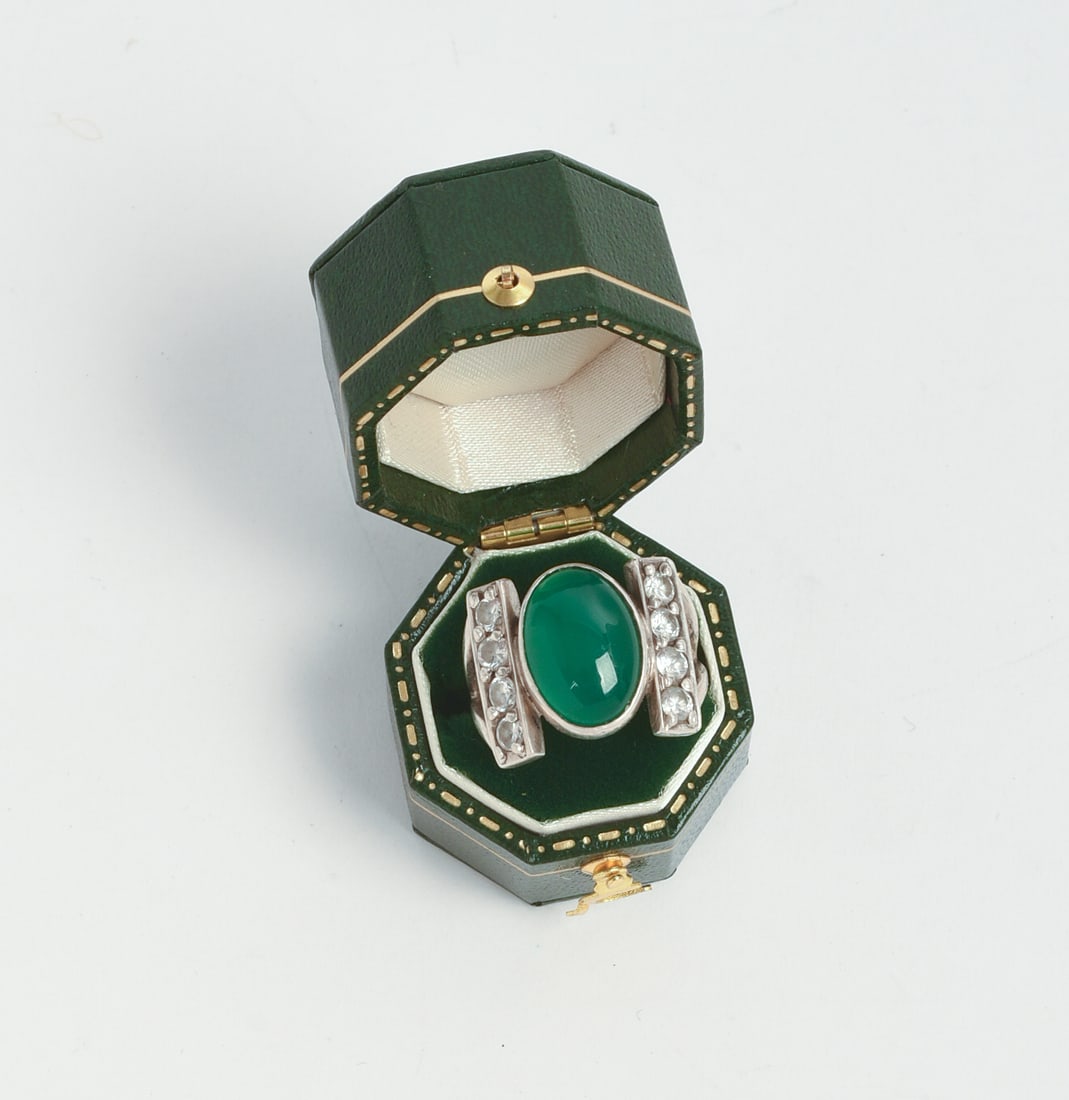 Sterling, Diamond, and Jade Ring. - 6