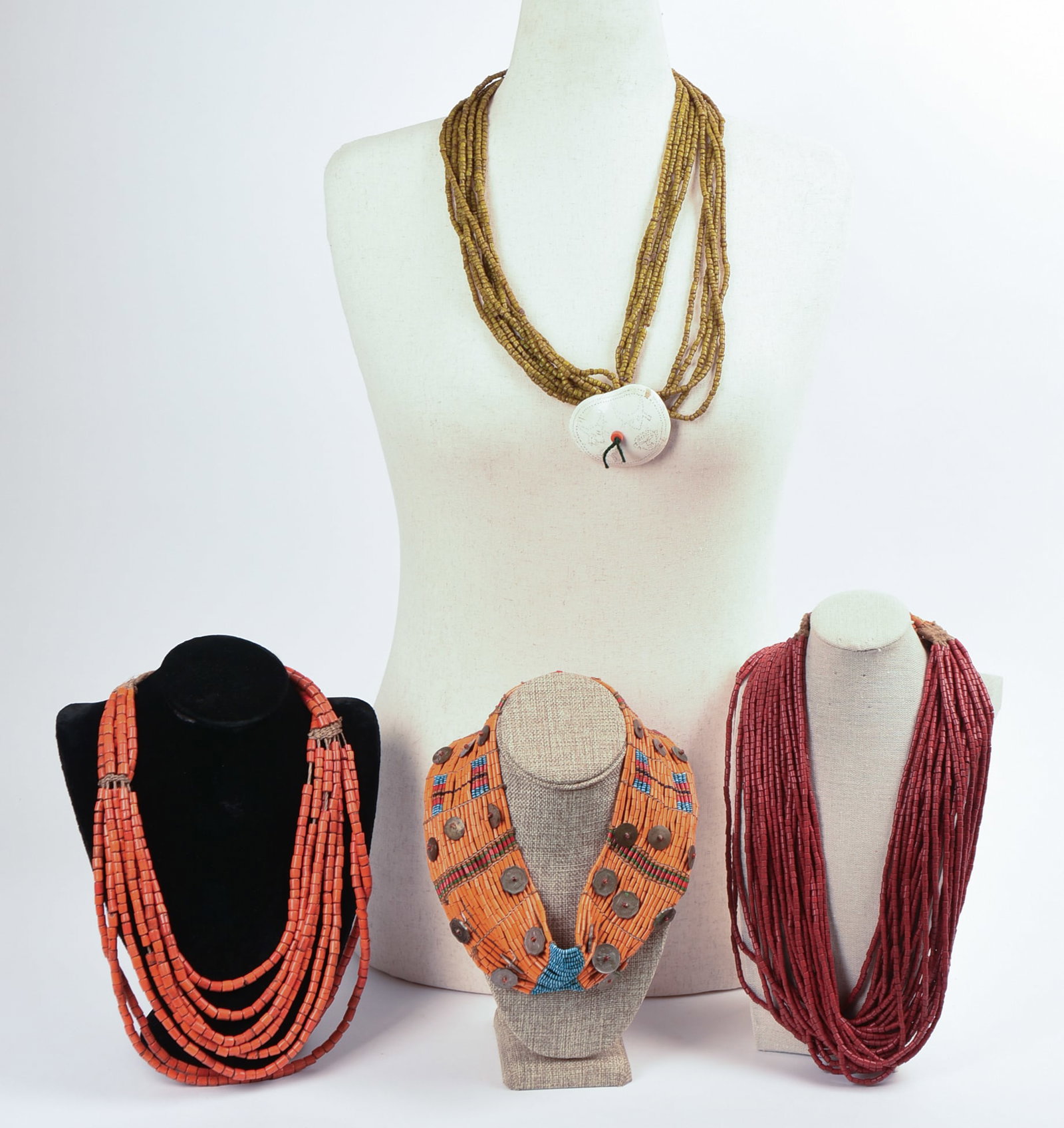 Four Kazakh Beaded Necklaces.: Lengths 20 to 32 inches.