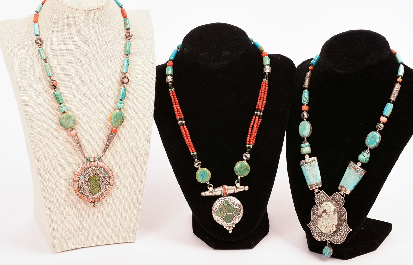 Three Sterling, Turquoise, and Coral Necklaces.: Lengths 16 and 20 inches.